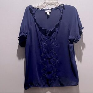 2/$35 Loft Navy Blue Blouse with Ruffle Trim XL